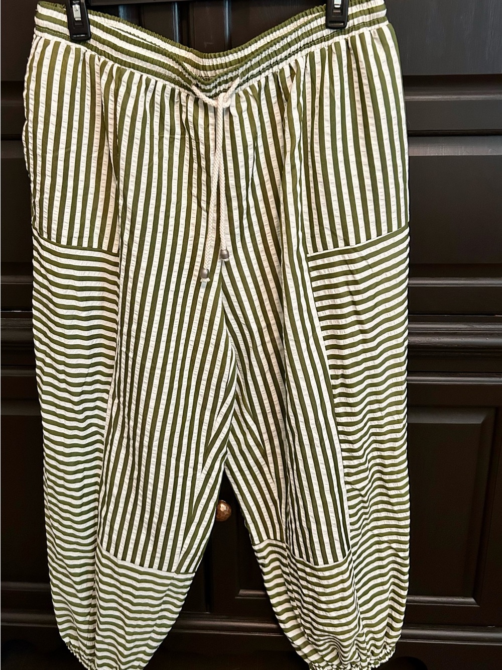 Striped Olive & White Drawstring Women’s Pants